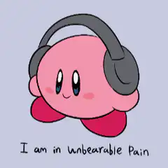 Kirby wearing headphones in pain