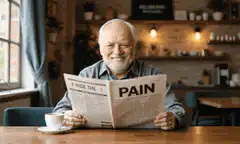 Old man reading newspaper hide the pain