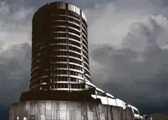Grainy black and white building with moving clouds