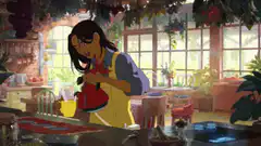 Ponyo pouring tea and looking at flying fish