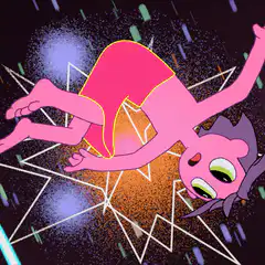 Pink character falling through space