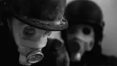 Close-up of gas mask and helmet