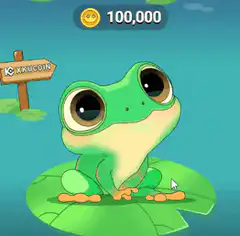 Cute frog on lily pad with 100,000 coins