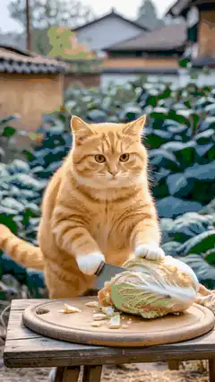 orange cat chopping cabbage with knife