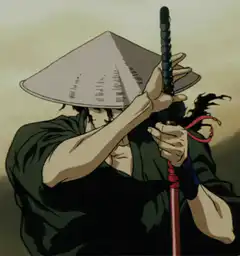 Samurai with conical hat and sword