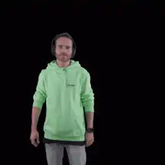Man in green hoodie shrugging