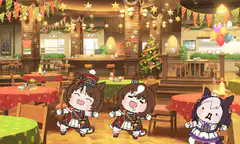 Three anime girls dancing in a festive cafe