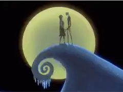 Jack and Sally kiss on the hill
