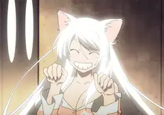 White-haired cat girl grinning excitedly