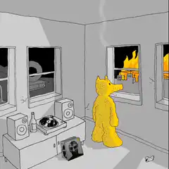 Yellow bear watching fire outside