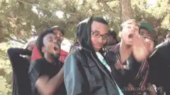 Group of friends reacting with shock and excitement