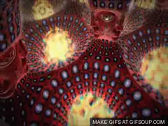 Psychedelic mandala with faces and fire