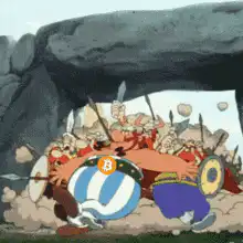 Obelix crashes through stone archway