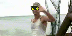 Man with glowing yellow eyes on boat