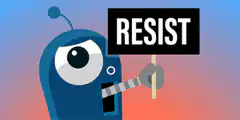 Blue robot holding resist sign