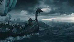Viking ship in stormy sea