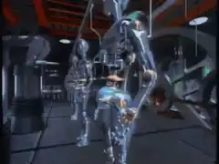 chrome robot fires energy blast