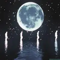 Silhouettes walking under a giant moon