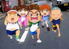 Five kids running down the street