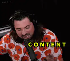Man singing into microphone with text content