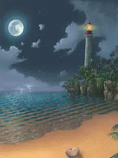Lighthouse on a moonlit beach