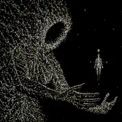 Giant particle figure reaching for small human