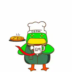 Cook duck with pizza and coffee saying GM