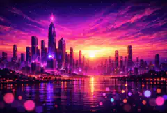 Neon cityscape sunset reflection