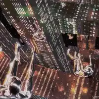 Silver figures falling through neon city