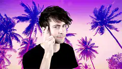 Man tapping temple with purple palm trees