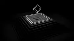 Wireframe cube over geometric pit