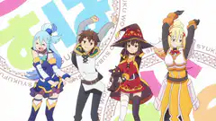 Konosuba characters posing with title