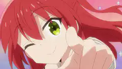 Red-haired anime girl winking and pointing