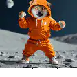Doge in orange hoodie dancing on moon
