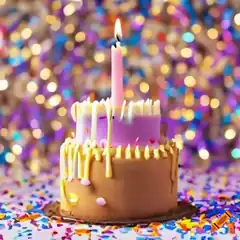 Birthday cake with lit candle and confetti