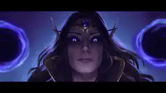 Morgana with glowing eyes and portals