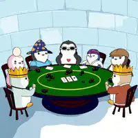 Penguins playing poker in an igloo