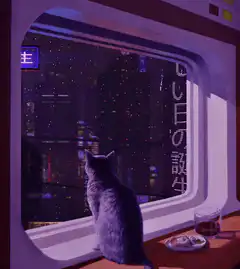 cat looking out window at night city