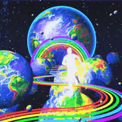 White silhouette running through space on rainbow path