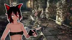 Anime girl pointing at Dark Souls boss