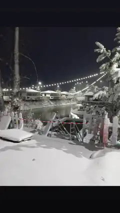 snowy night scene with string lights