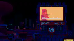 Pixel art cityscape with Beast Music sign