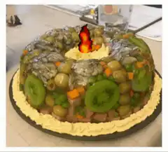 Salmon and vegetable jelly cake with fire