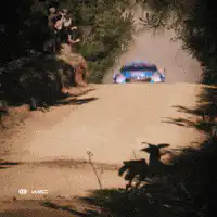 Rally car jumps over crest
