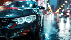 BMW headlights on rainy night