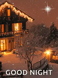 Snowy house with Christmas lights and good night text