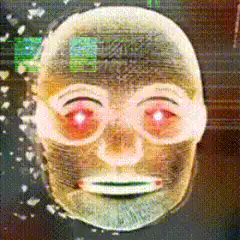 glitchy bald man with glowing red eyes