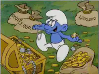 Smurf with treasure and money bags