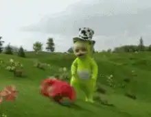 Green bear knocks over plushies