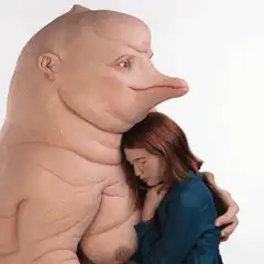 Alien laser eyes hugging woman